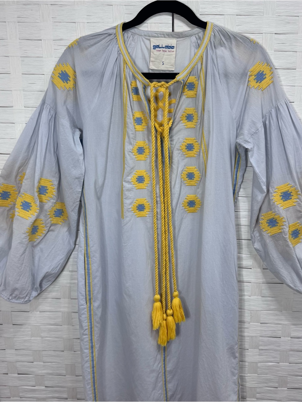 J Crew GALLABIA URBAN CASUAL Blue Yellow Embroidered Tunic Dress No Belt Size S - Picture 3 of 12